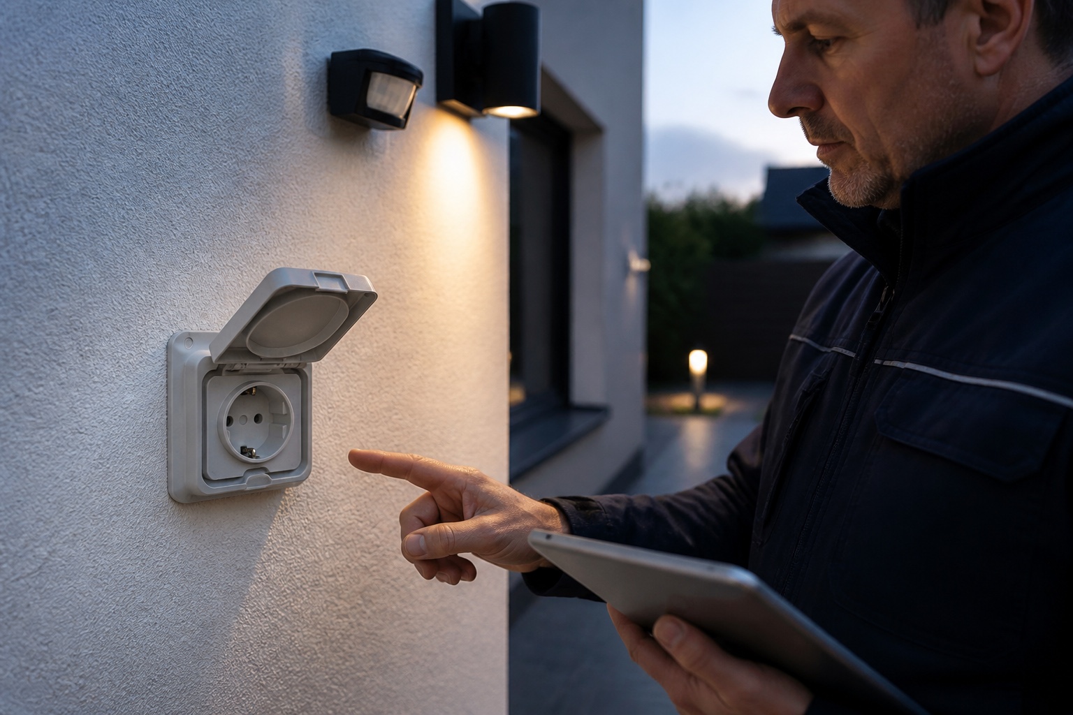 Elektrofachkraft kontrolliert eine eindeutig erkennbare wettergeschützte Schuko-Außensteckdose neben Sensor und Fassadenleuchte