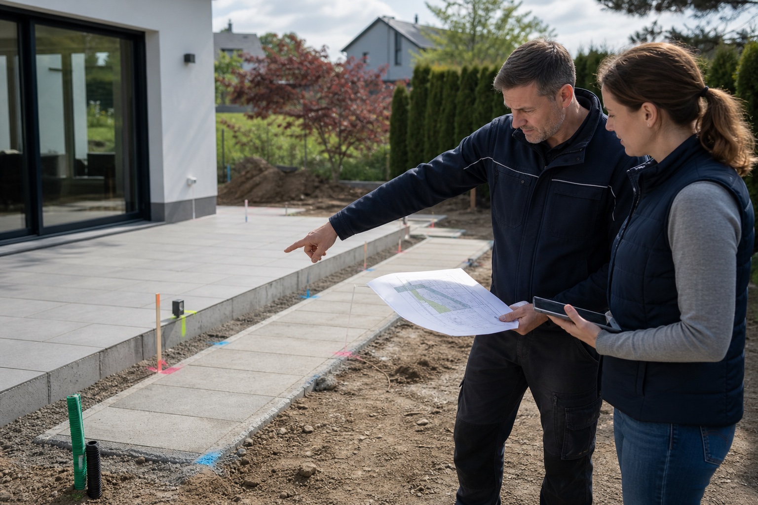 Elektrofachkraft und Bauherrin planen vor den Gartenarbeiten Leitungswege, Lichtpunkte und Außensteckdosen