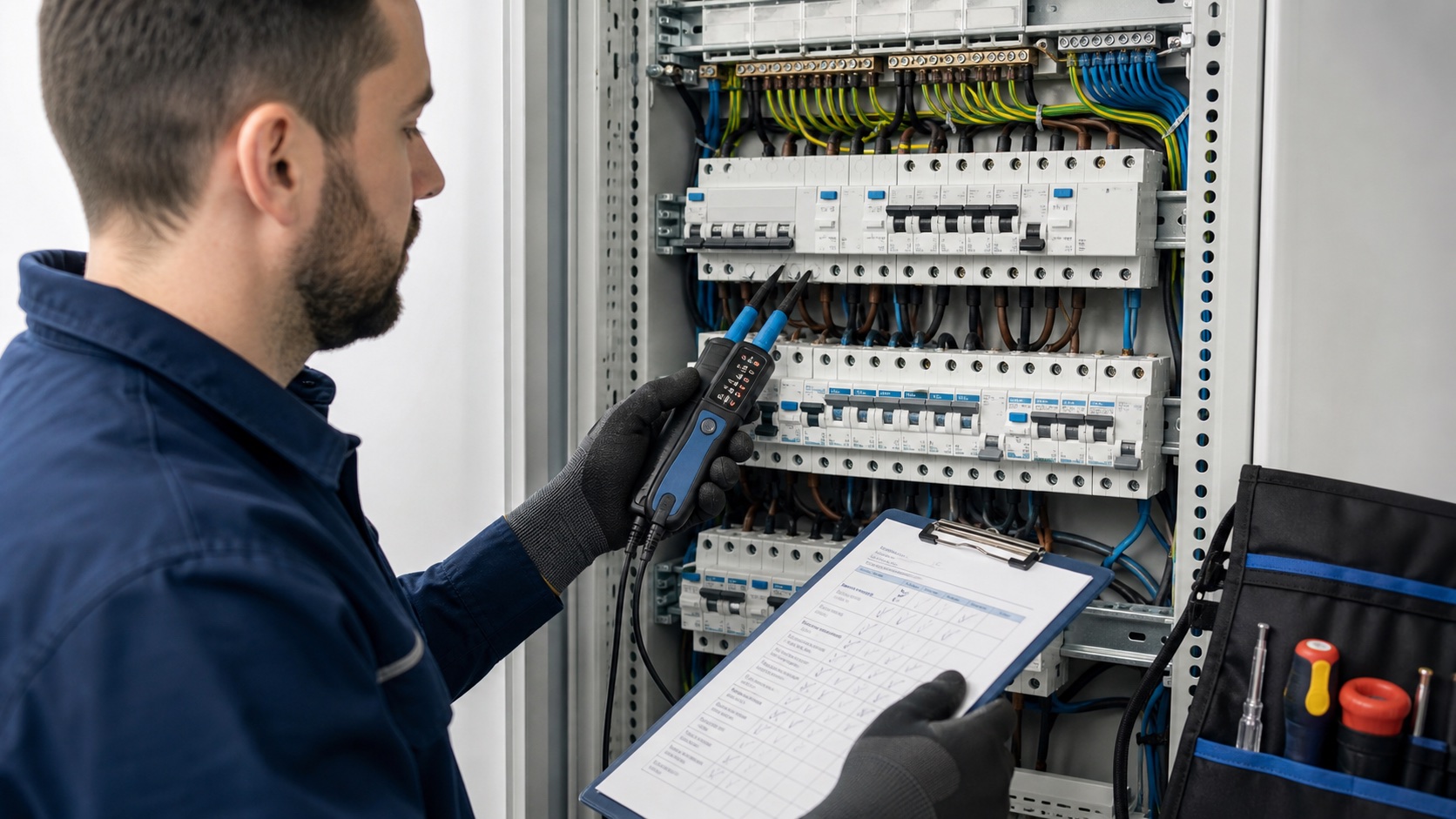 Elektrofachkraft prüft eine modern aufgebaute Verteilung mit Messgerät und Checkliste