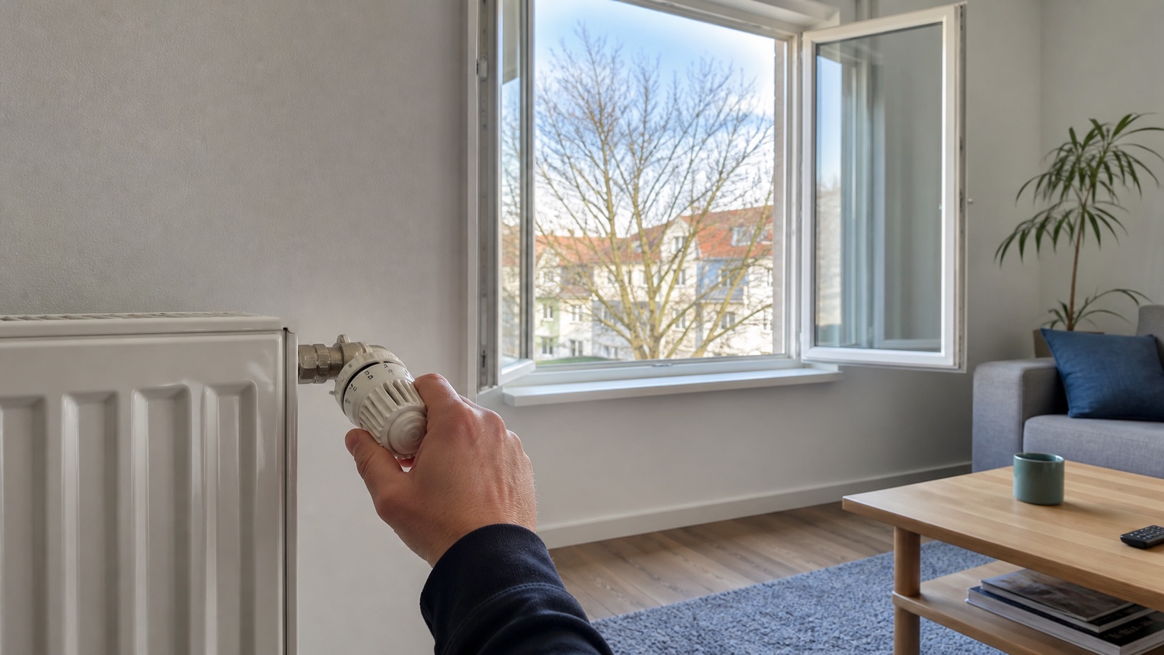 Weit geöffnetes Fenster und frei zugänglicher Heizkörper mit Thermostat in einem Wohnraum