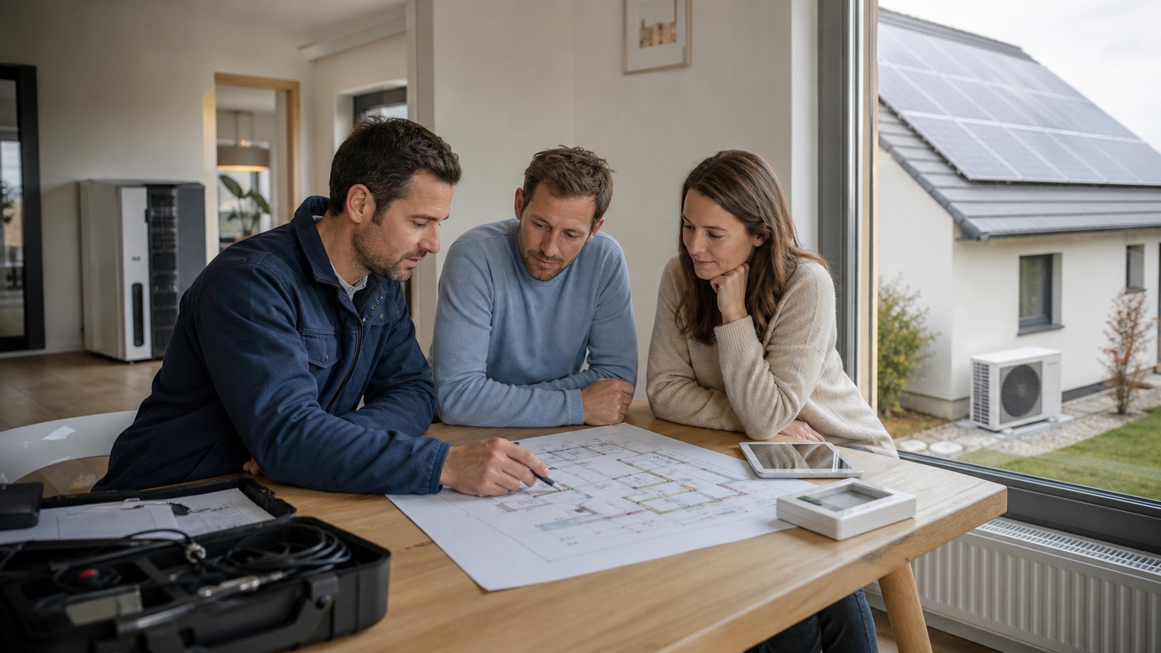 Energieberater bespricht mit Hauseigentümern einen Modernisierungsplan für Gebäudehülle, Heizung und Photovoltaik