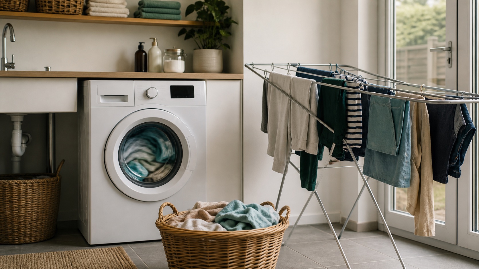 Moderne Waschmaschine neben einem Wäscheständer mit lufttrocknender Kleidung