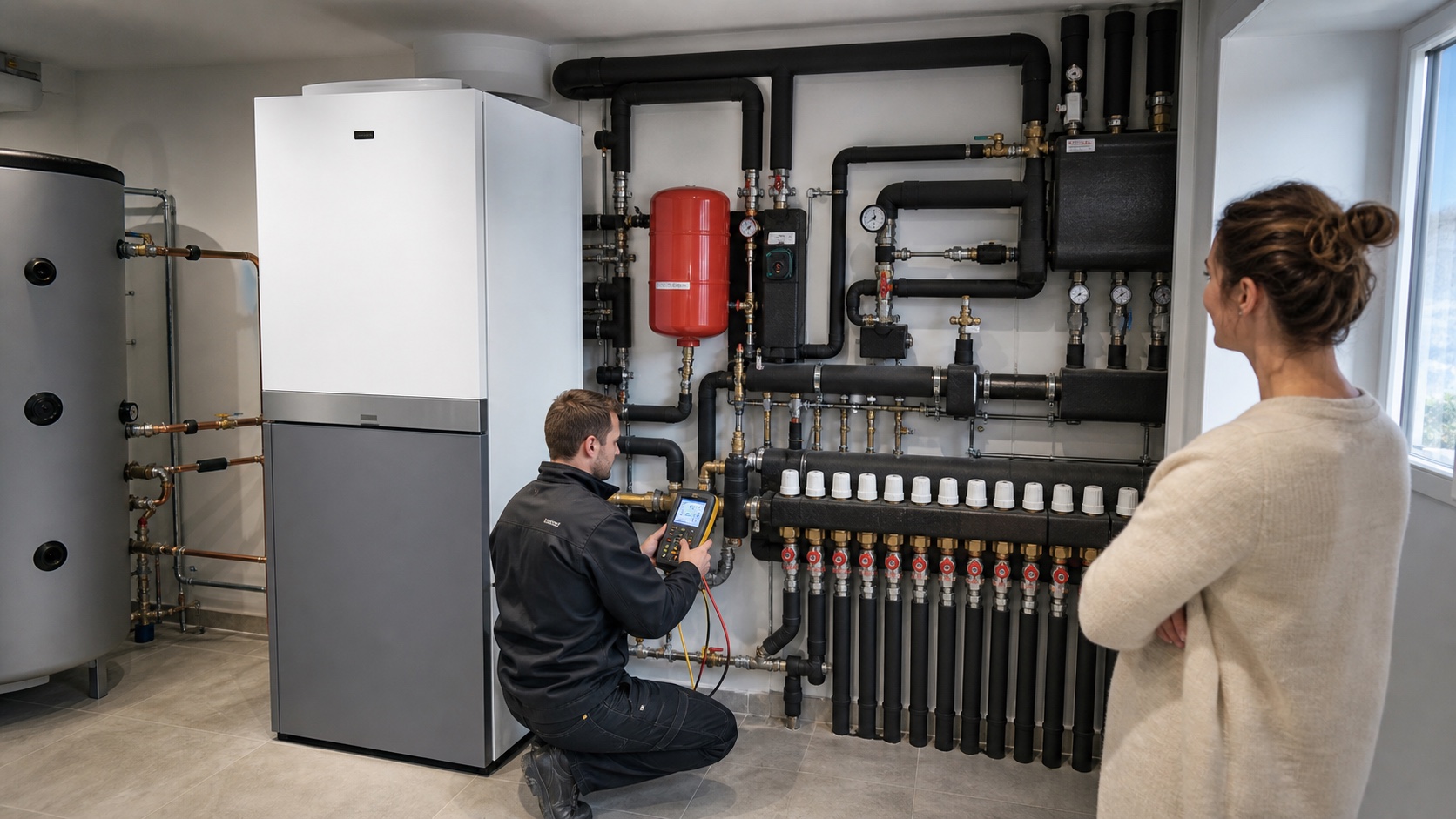 Fachtechniker nimmt eine Wärmepumpenanlage mit sauber aufgebauter Hydraulik und Messgerät in Betrieb