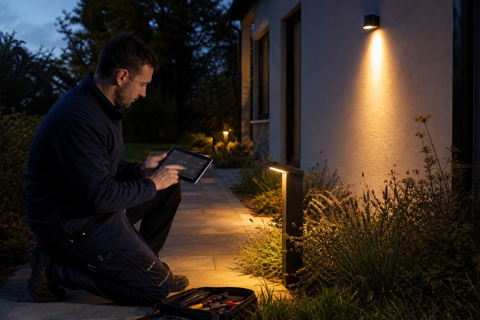 Elektrofachkraft prüft am Abend mit einem Tablet die Dimmung und Zeitsteuerung einer warm leuchtenden Gartenleuchte