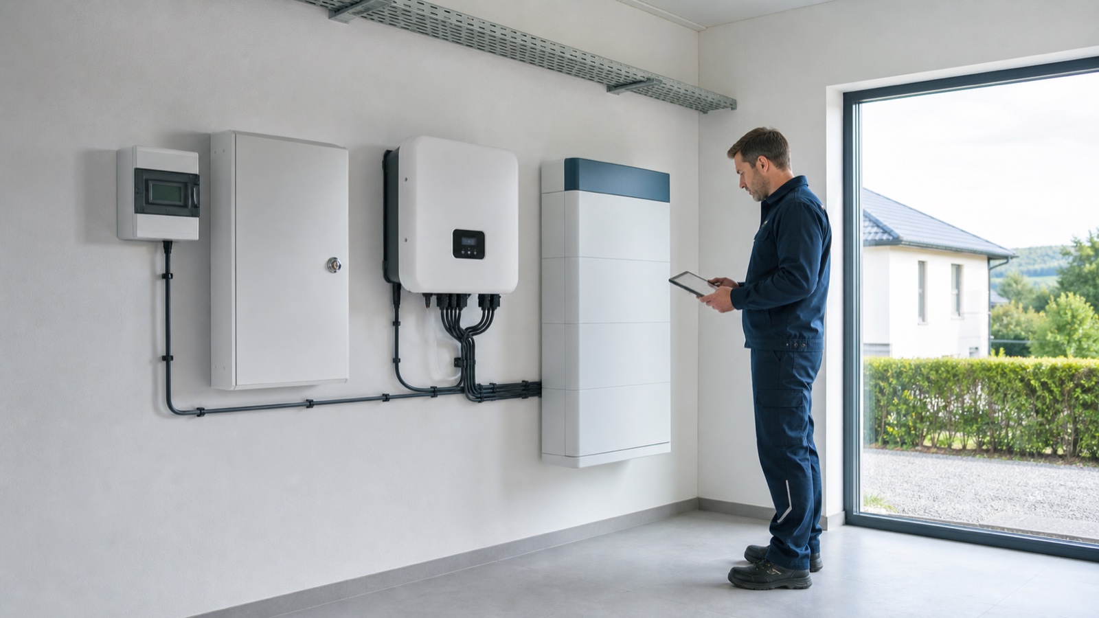 Elektrofachkraft prüft bei der Inbetriebnahme eines Lithium-Ionen-Heimspeichers die Systemwerte auf einem Tablet