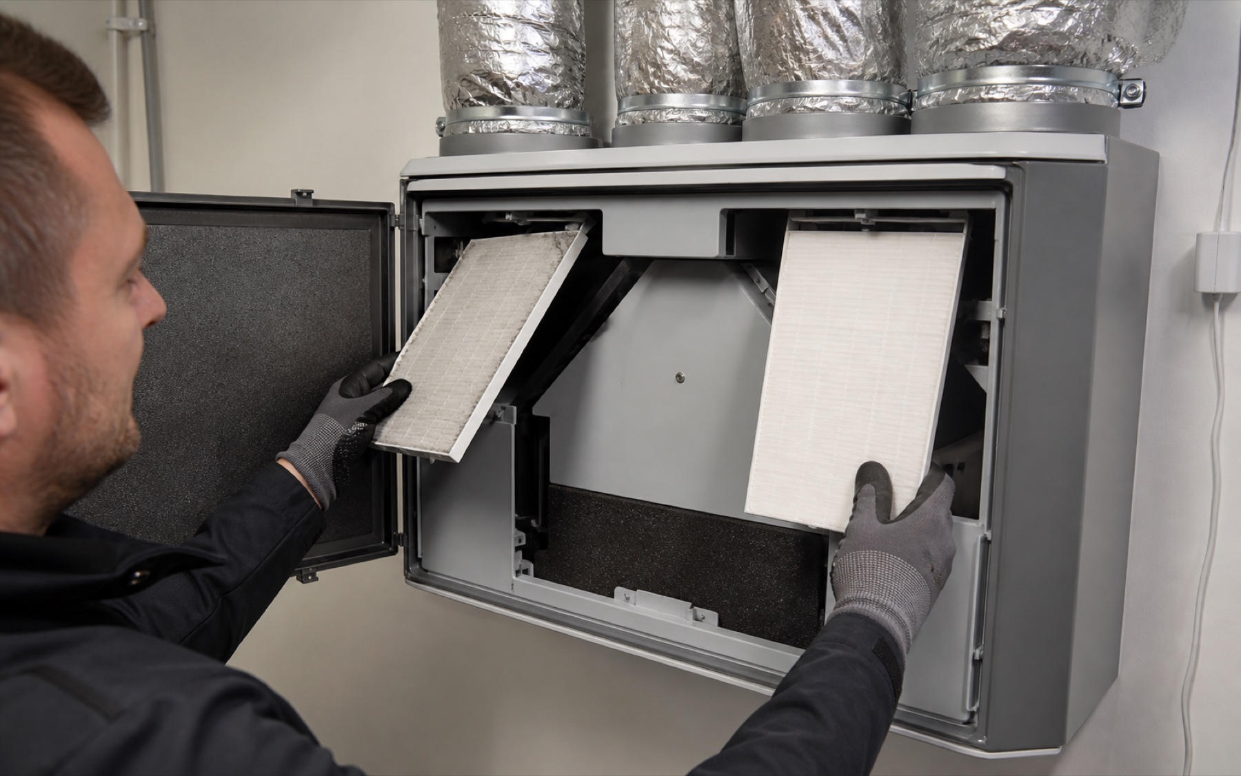Fachtechniker wechselt die Filter einer geöffneten zentralen Lüftungsanlage mit Wärmerückgewinnung