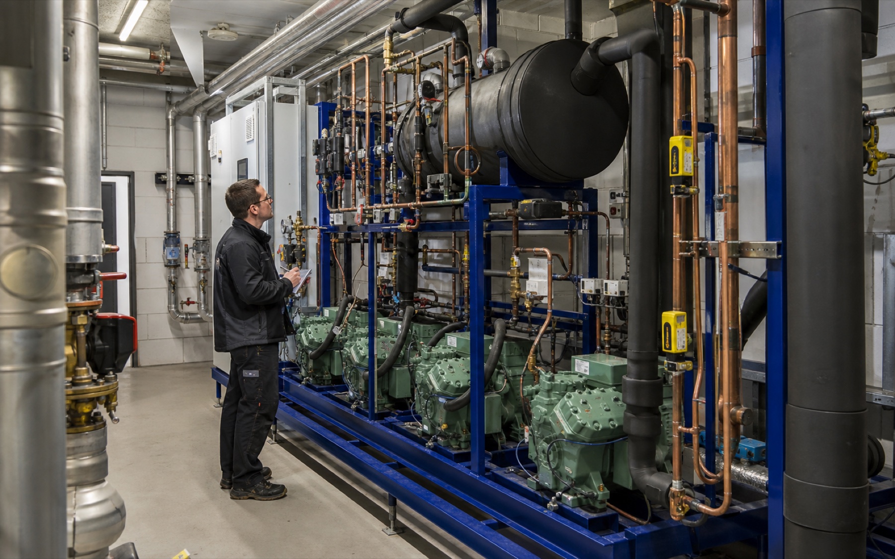 Fachtechniker kontrolliert eine gewerbliche CO2-Kälteanlage in einem modernen Maschinenraum