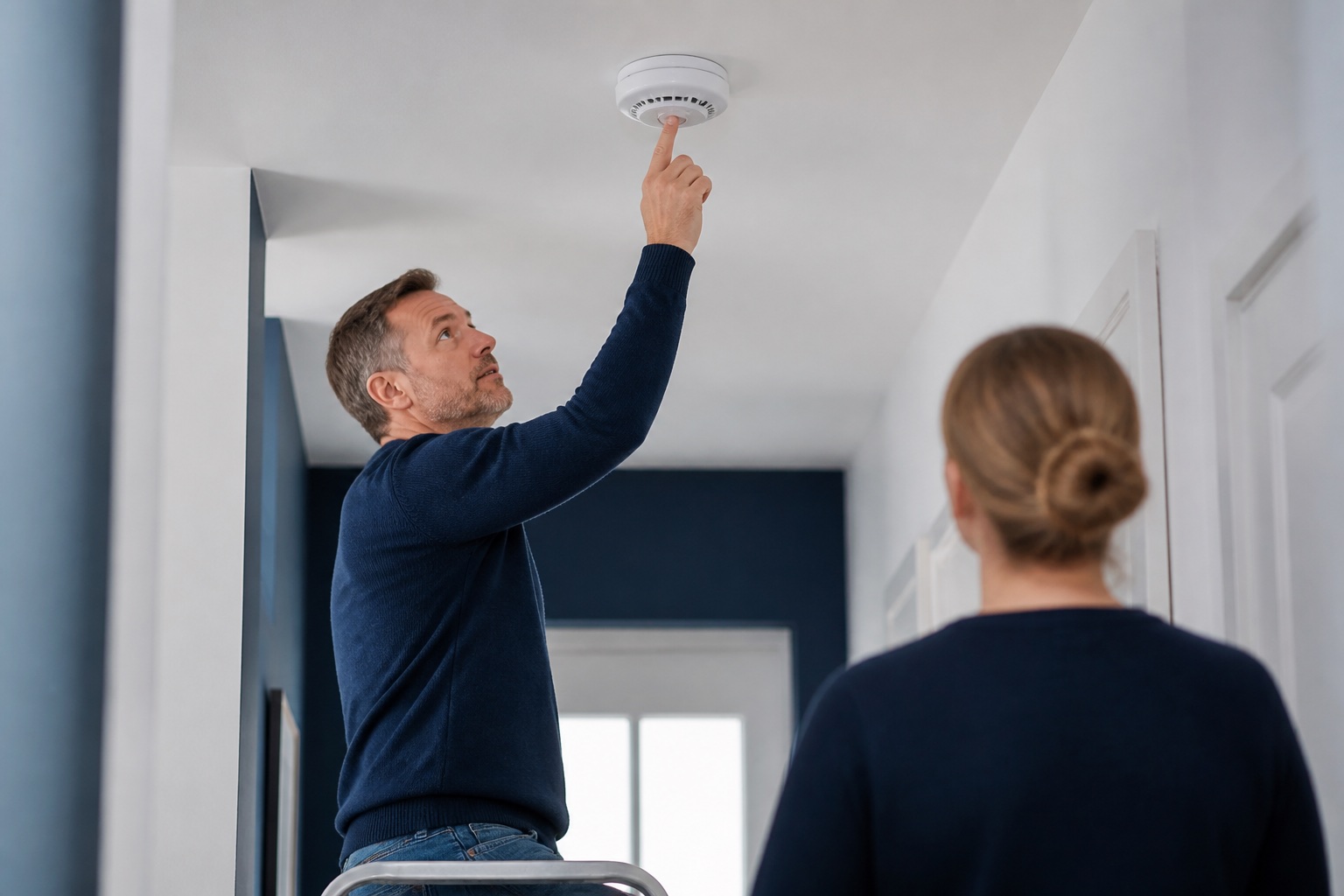 Bewohner prüft einen Rauchwarnmelder an der Decke über die deutlich sichtbare Testtaste