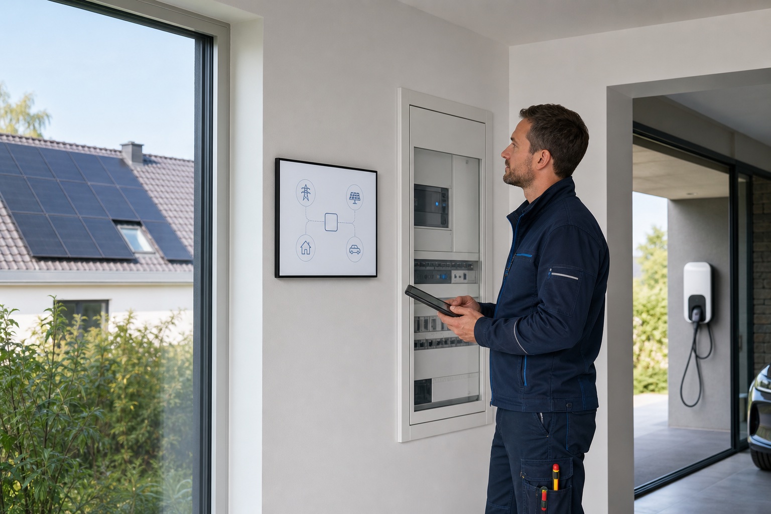 Elektrofachkraft prüft die Verbindung von Smart Meter, Photovoltaik, Hausverbrauch und Wallbox mit einem Energiemanagementsystem