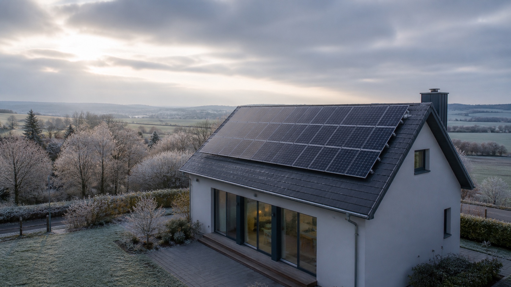 Wohnhaus mit Photovoltaikanlage bei tief stehender Wintersonne und Frost
