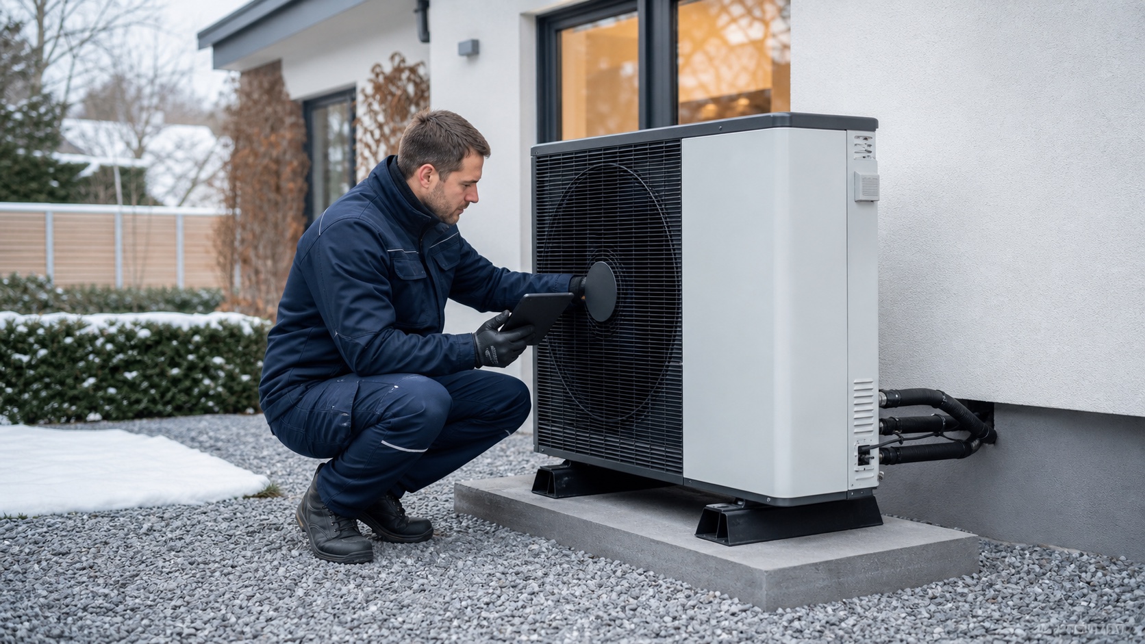 Fachtechniker nimmt eine moderne Luft-Wasser-Wärmepumpe an einem Wohnhaus im Winter in Betrieb