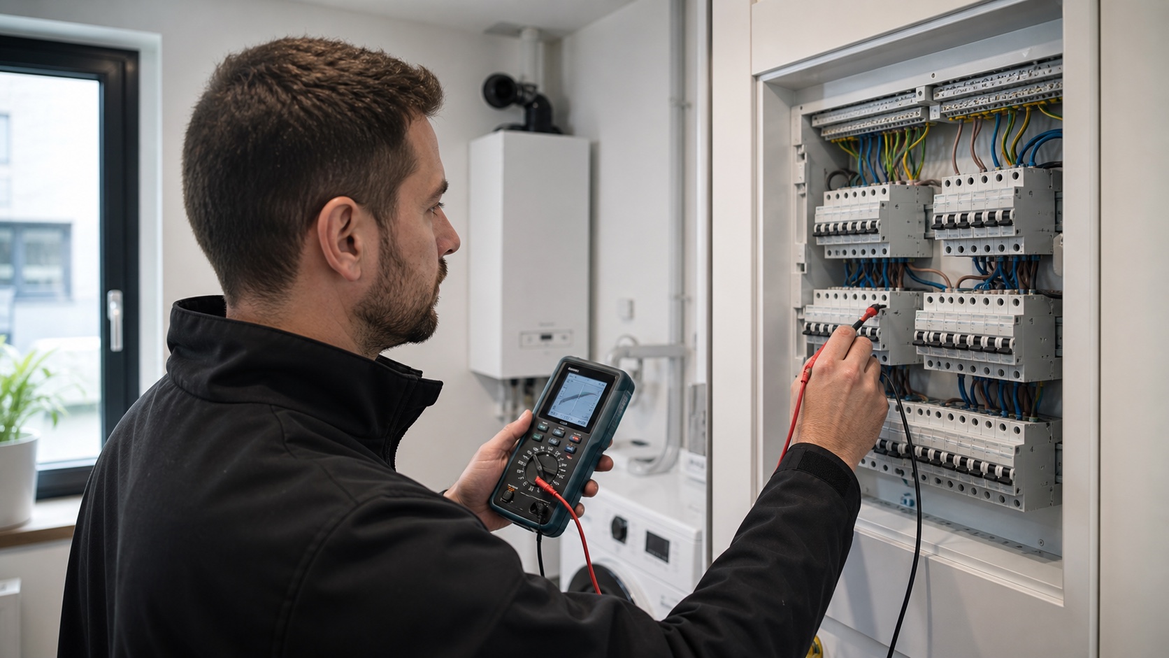 Elektrofachkraft prüft mit einem Messgerät die Schutzorgane in einer geöffneten Unterverteilung.